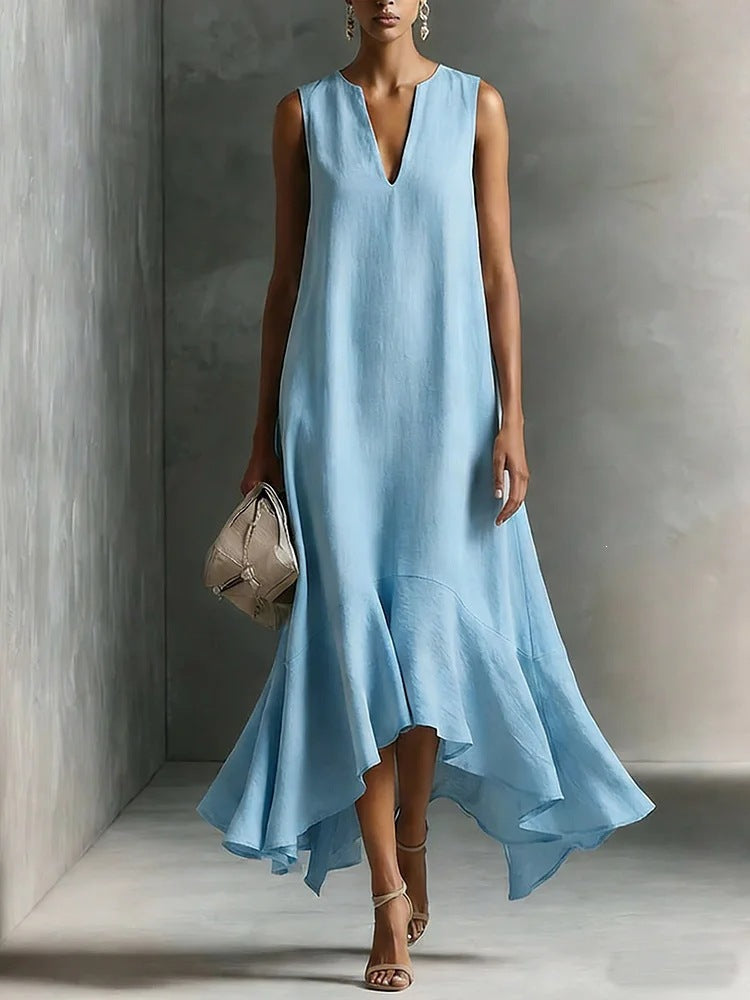 New Stylish Deep V-Neck Sleeveless Elegant Asymmetrical Hemline Dress 