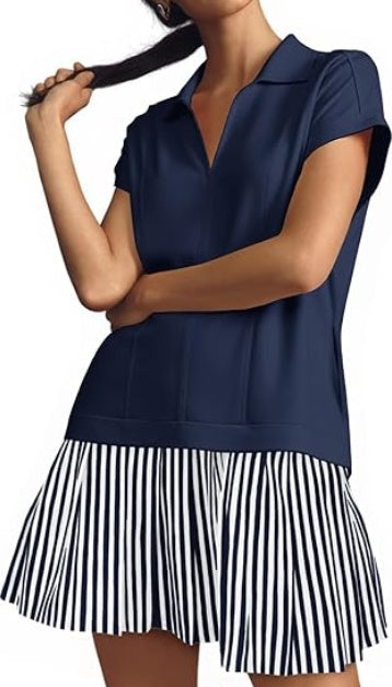 Fisoew Womens Summer Mini Dress Casual Patchwork Short Sleeve Polo V Neck Striped Dresses With Pockets CJ US
