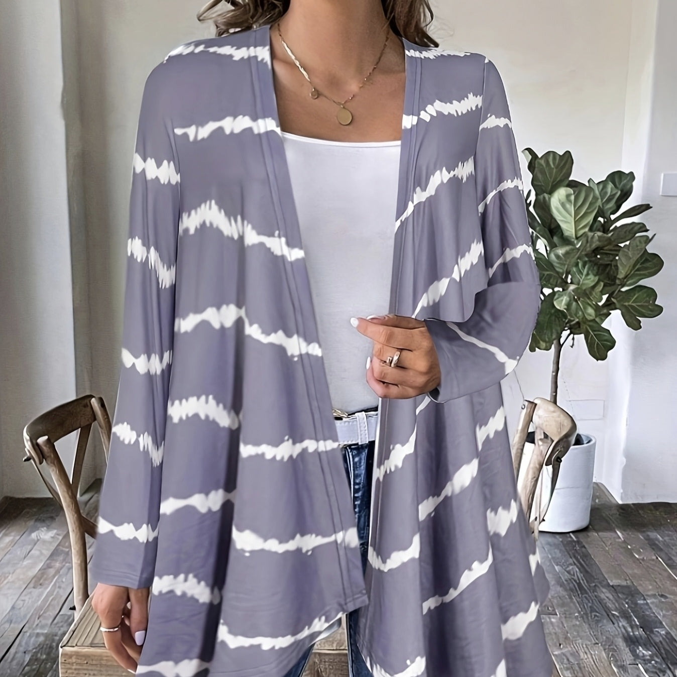 Ladies' Printed Buttonless Open Top Fashionable Versatile Vacation Jacket Top CJ US