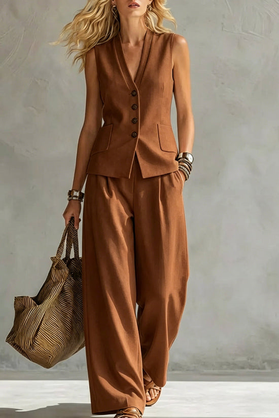 Womens Solid-Colored Sleeveless Casual Linen Tank Top And Pants Set 