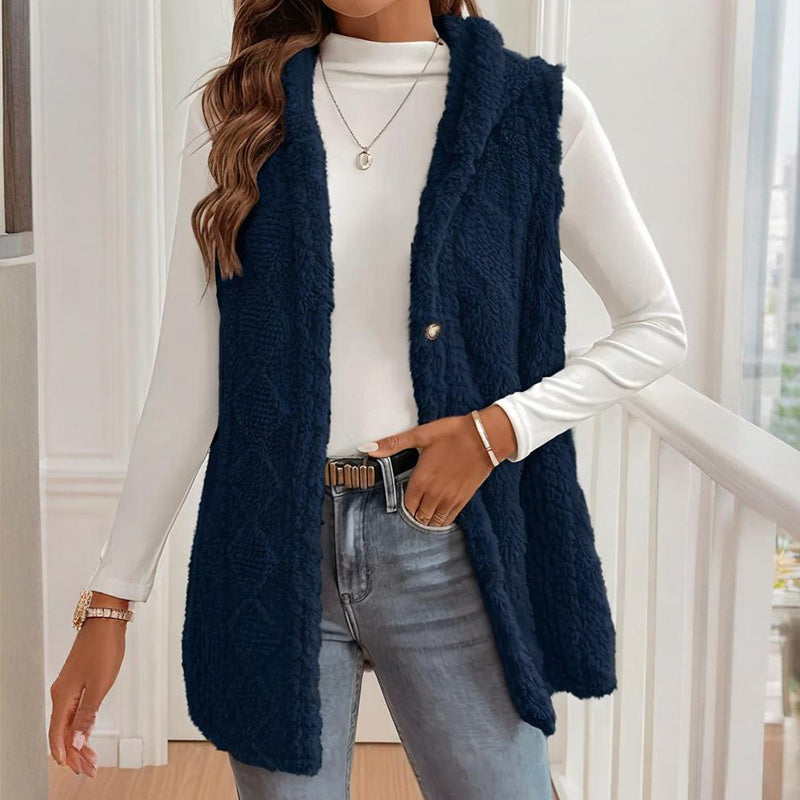 Women's Textured Sleeveless Hooded Vest, Button-Front Layering Piece For Fall & Winter Outfits CJ US