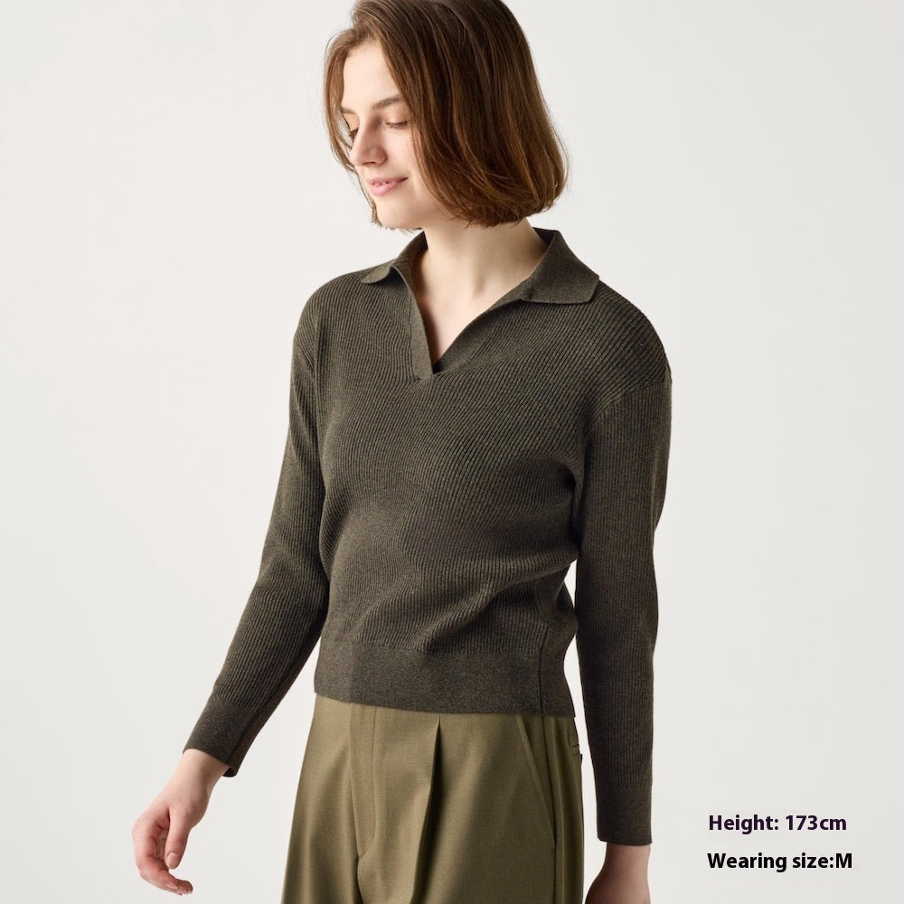 Women's Machine Washable Rib Half-open Collar Sweater CJ