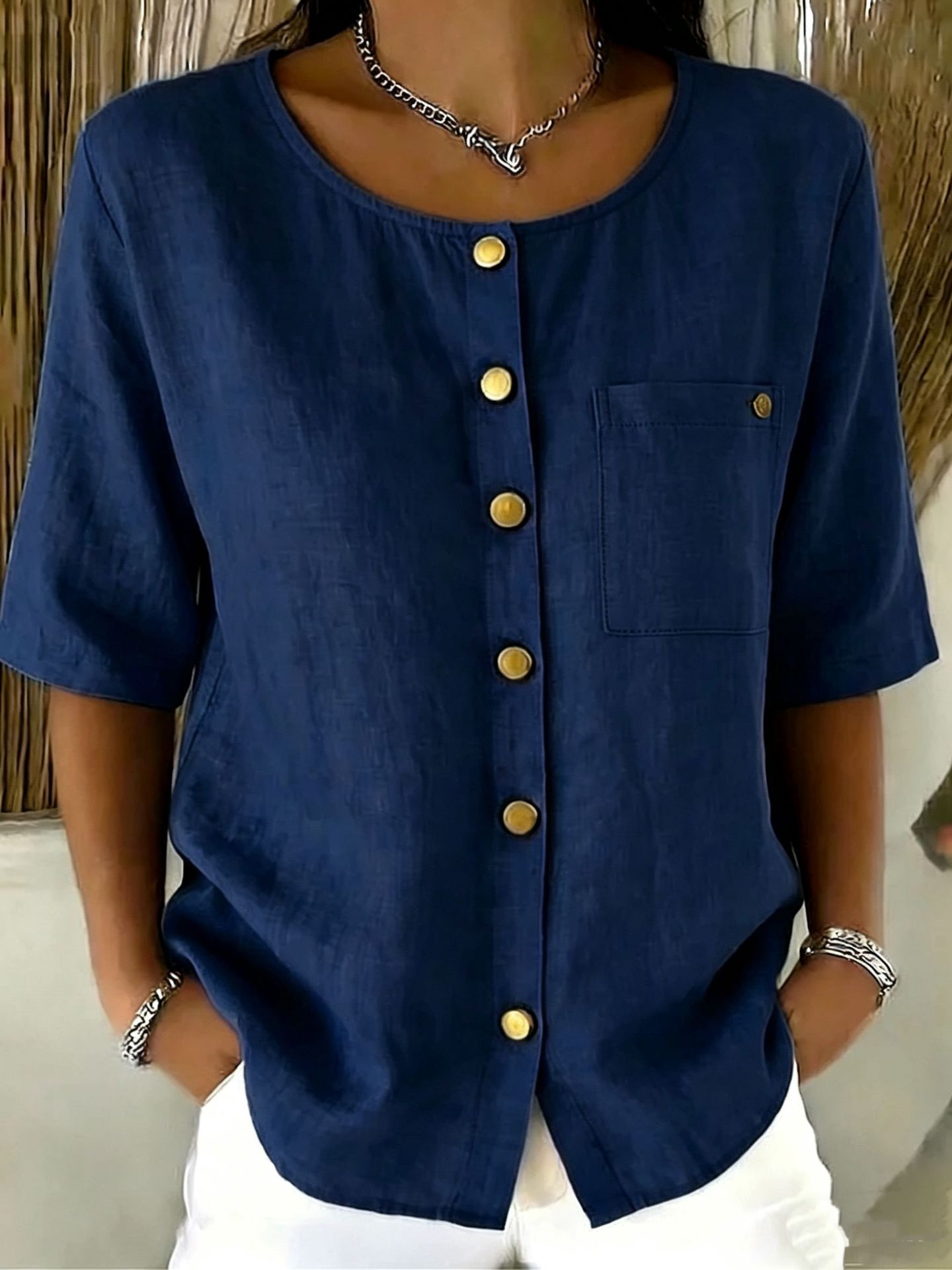 Womens Crew-Neck Shirt With Metal Buttons And Three-Quarter Sleeves 
