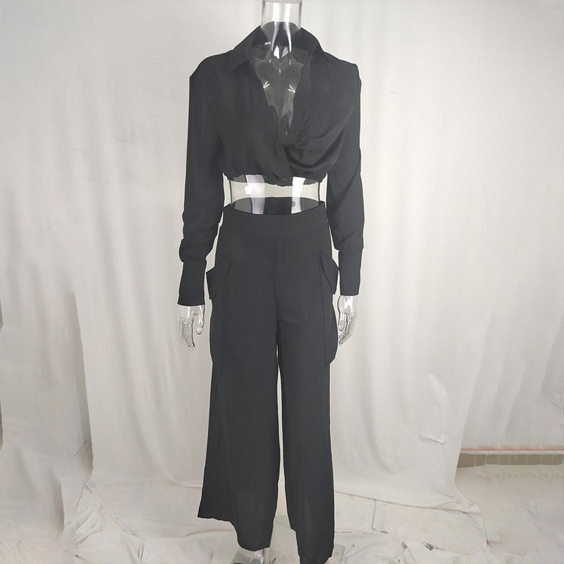 Women's Plus Size Elegant Pant Set - Crisscross Detail Top & Wide Leg Pants With Pockets Office & Casual Outfit CJ US