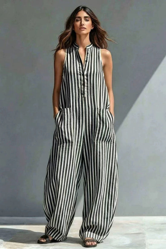 Fashionable Loose V-Neck Long Striped Jumpsuit 