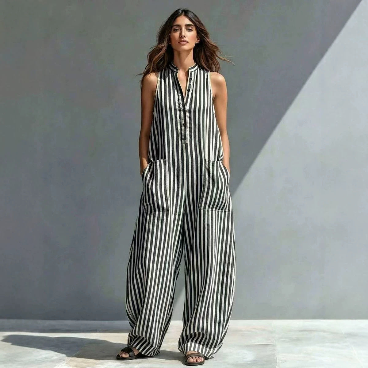 Fashionable Loose V-Neck Long Striped Jumpsuit 