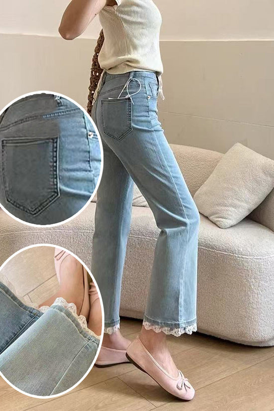 Light Blue Micro-Flare Lace Stretch Jeans for Women CJ US