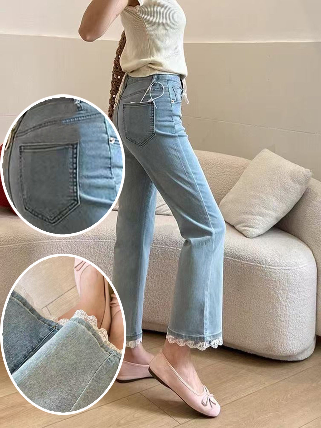 Light Blue Micro-Flare Lace Stretch Jeans for Women CJ US