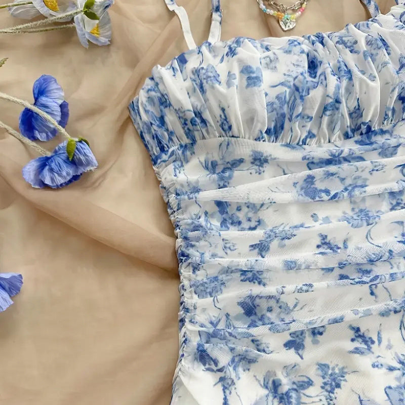 Women's Boho Floral Print Mini Dress Spaghetti Strap Ruched Ruffle Hem Vacation Sundresses CJ