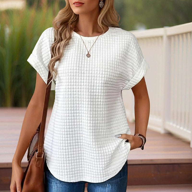 Women's Solid Color Round Neck Short Sleeve Top - Textured Cuff Detail Comfortable Summer Casual Tee CJ US