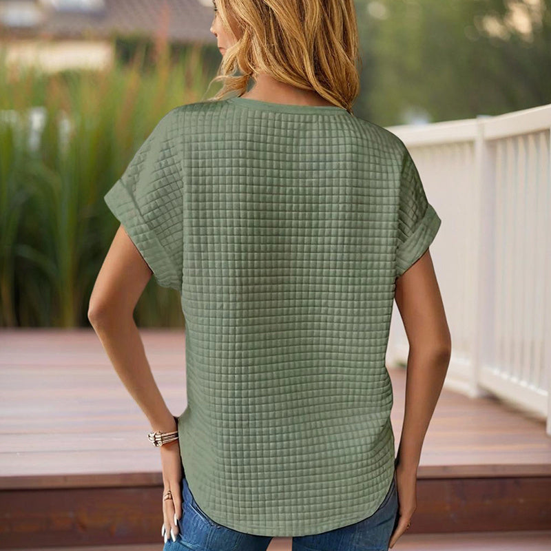 Women's Solid Color Round Neck Short Sleeve Top - Textured Cuff Detail Comfortable Summer Casual Tee CJ US