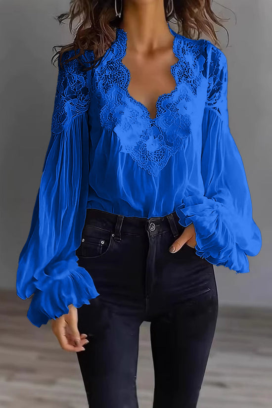 Lace-panelled Ruffled Puff-sleeve Pleated Shirt 