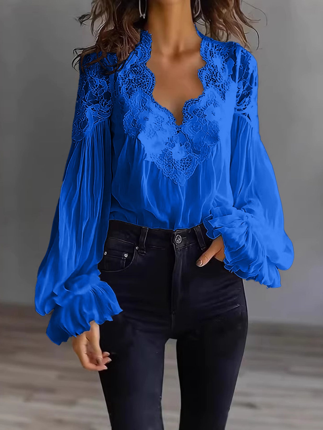 Lace-panelled Ruffled Puff-sleeve Pleated Shirt 