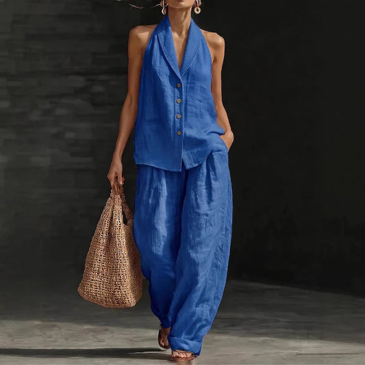 Wide-leg Pants Suit Womens Cotton-linen Fashionable Two-piece Set 