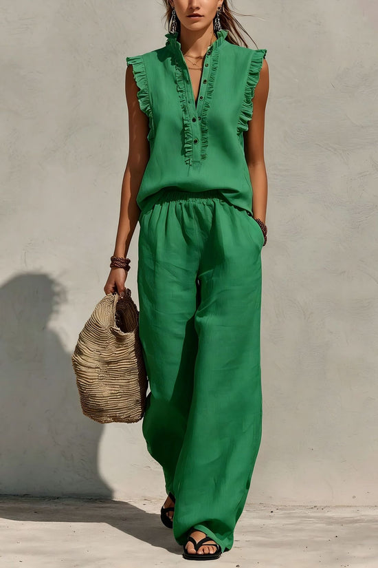 Sleeveless Ruffled V-neck Top And Elastic-waist Wide-leg Pants 