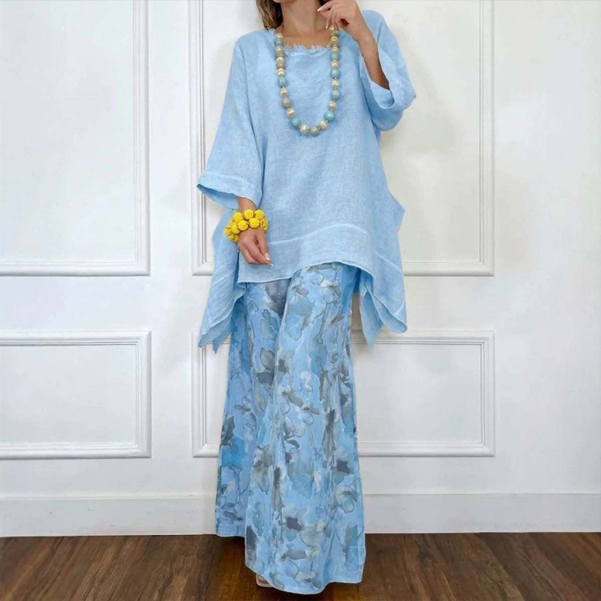 Womens Casual Cotton-Linen Irregular Top And Wide-Leg Pants Set 