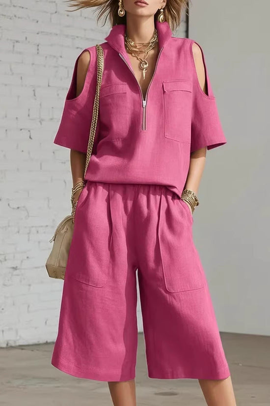 Womens Short-Sleeve Shirt And Shorts Loose Pants Two-Piece Set 