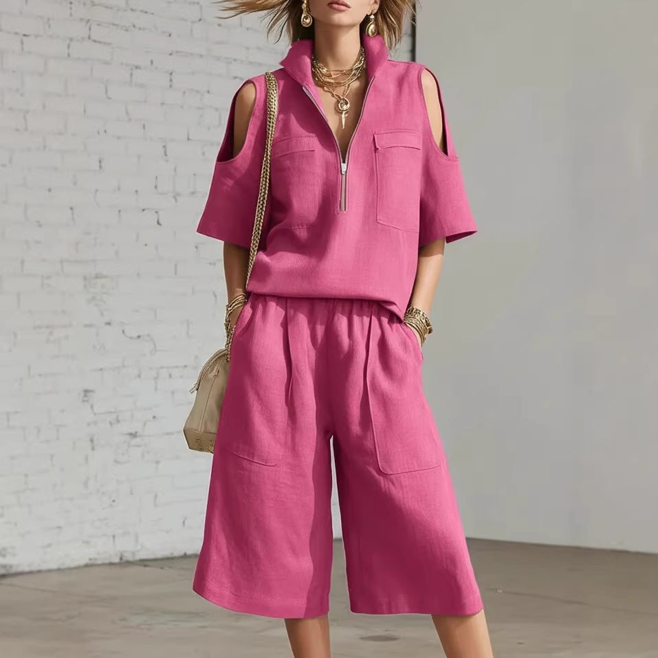 Womens Short-Sleeve Shirt And Shorts Loose Pants Two-Piece Set 