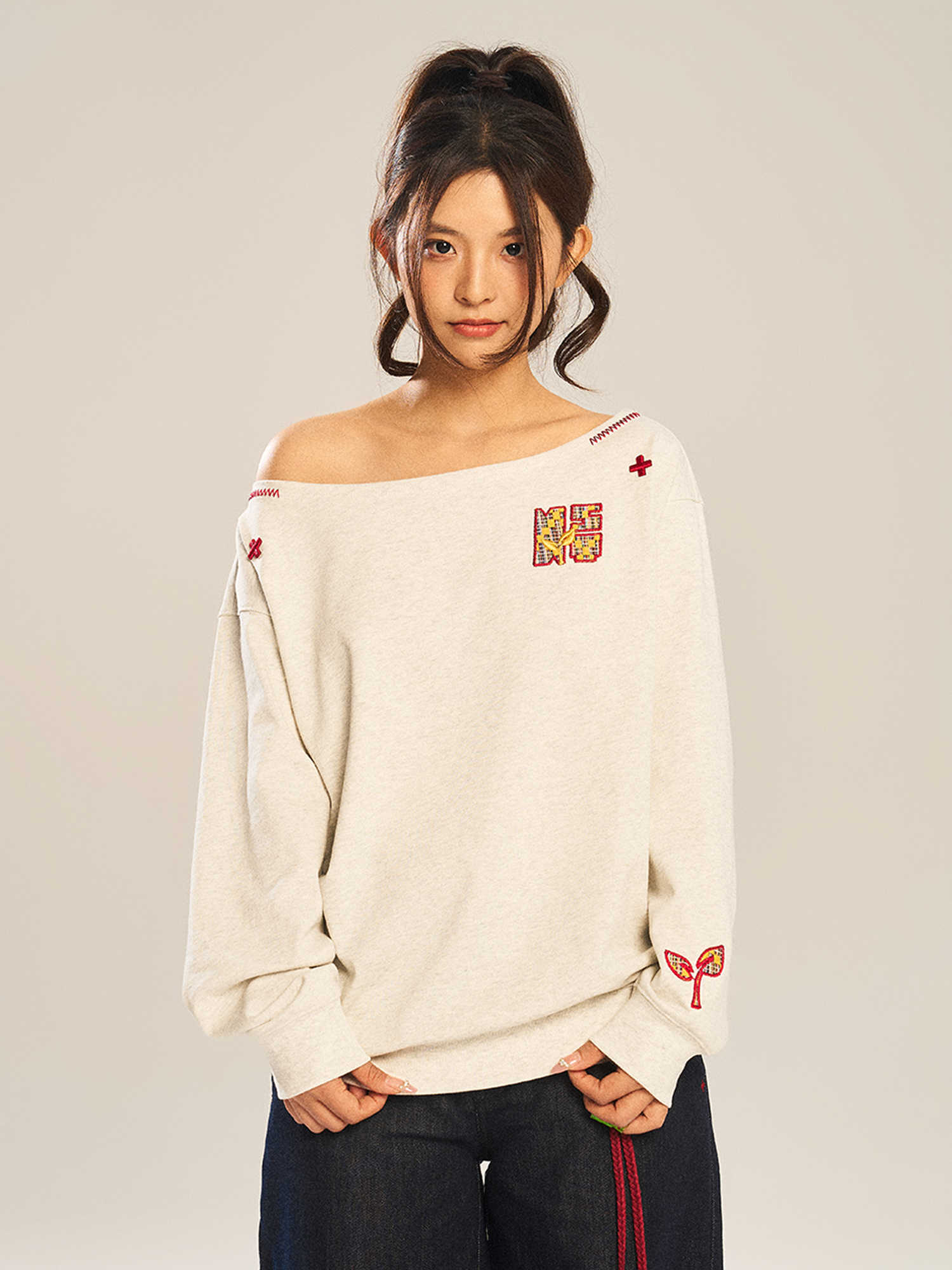 Women’s Slanted Shoulder Embroidered Long-Sleeve Top CJ