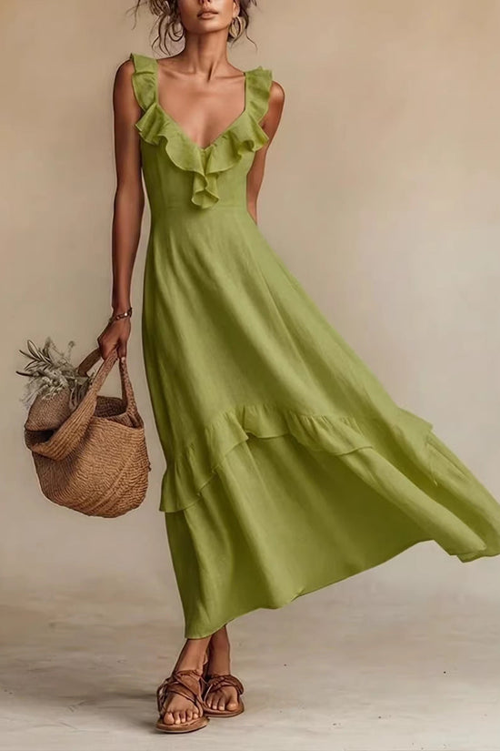 Elegant And Chic Cotton-Linen Dress With Ruffled Flutter Sleeves And A Flowing Hem 