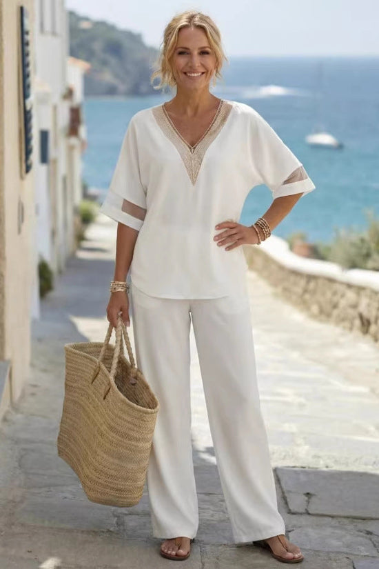 Fashionable V-neck Embroidered Top With Casual Wide-leg Pants Elegant Womens Set 