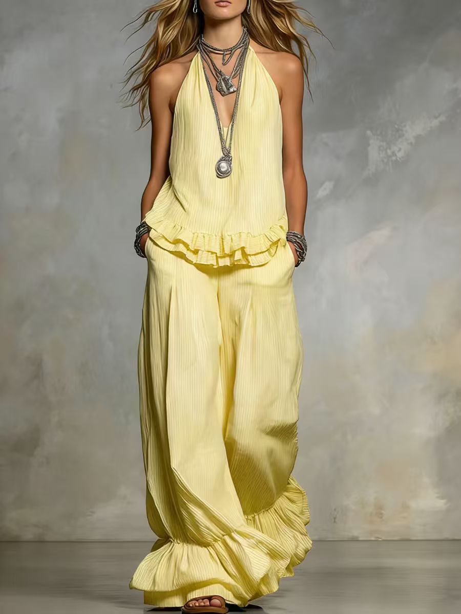Women's Casual V-Neck Fashionable Ruffle Trim Set 