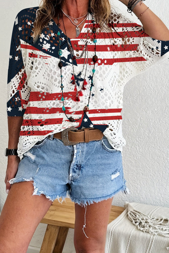 Womens Hollowed-Out Batwing-Sleeve Sweater With 3D Knitted Print 