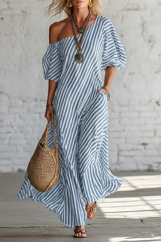 Womens Striped Off-shoulder Dress 