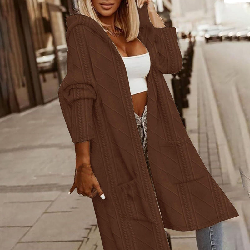 Women's Textured Hooded Longline Jacket, Solid Color Casual Oversized Top With Pockets For Fall & Winter CJ US