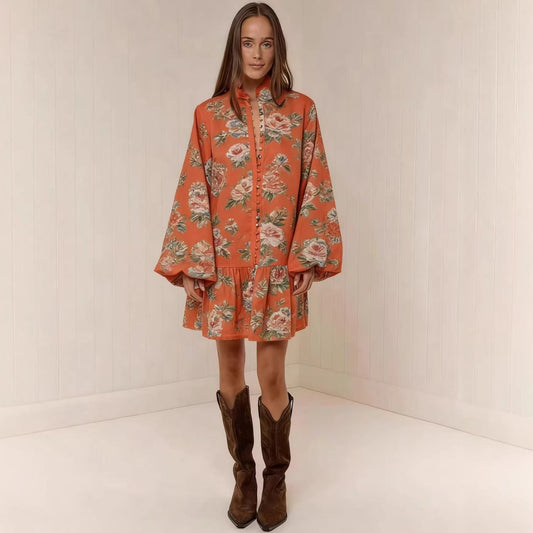 Digital-print Lantern Sleeve Linen Midi Dress 