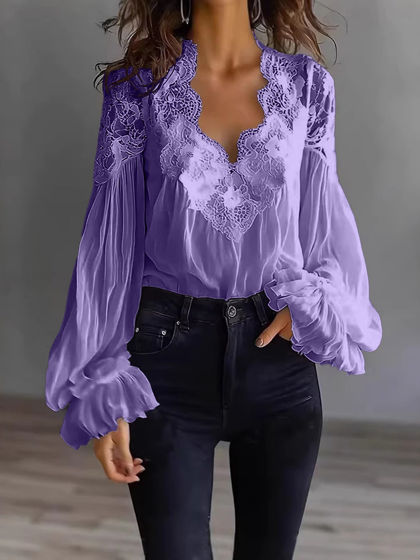 Lace-panelled Ruffled Puff-sleeve Pleated Shirt 