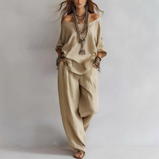 Off-Shoulder Cotton-Linen Wide-Leg Pants Set – 6 Colors, S–5XL 