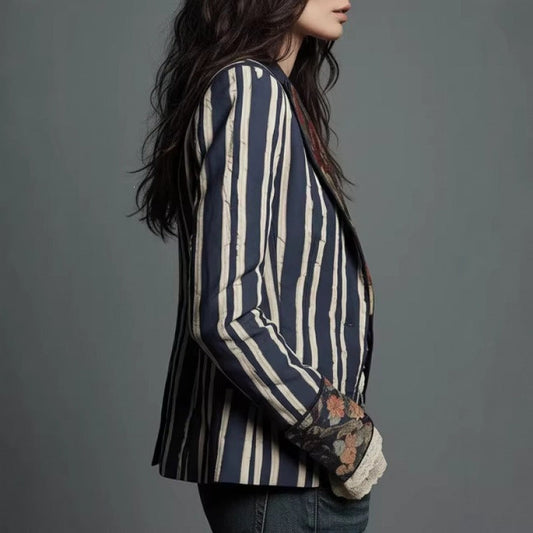 Women's Bohemian Color-Block Striped Blazer 