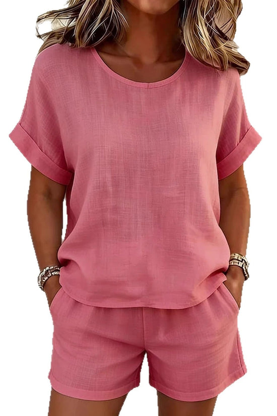 Solid-color Casual Round-neck Short-sleeve Shorts Two-piece Set 
