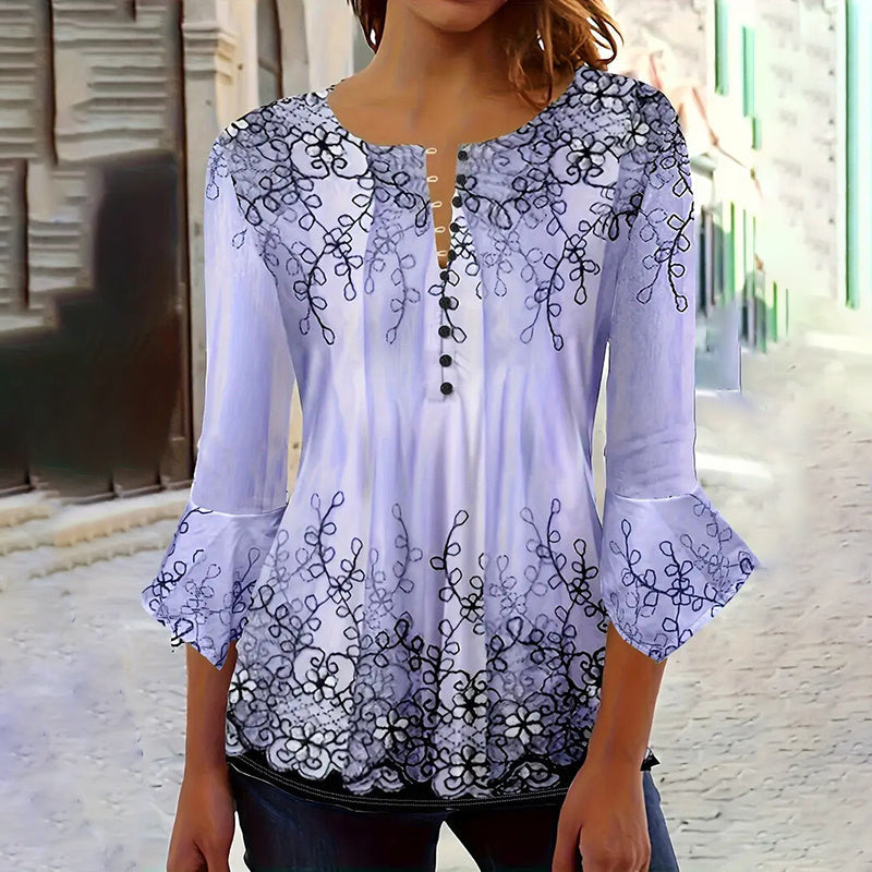 Women’s V-Neck 3/4 Sleeve Button-Front Tunic Blouse CJ