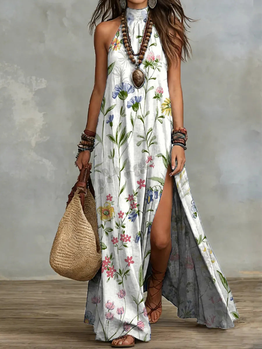 Split Sleeveless Multicolored Printed Maxi Dress 