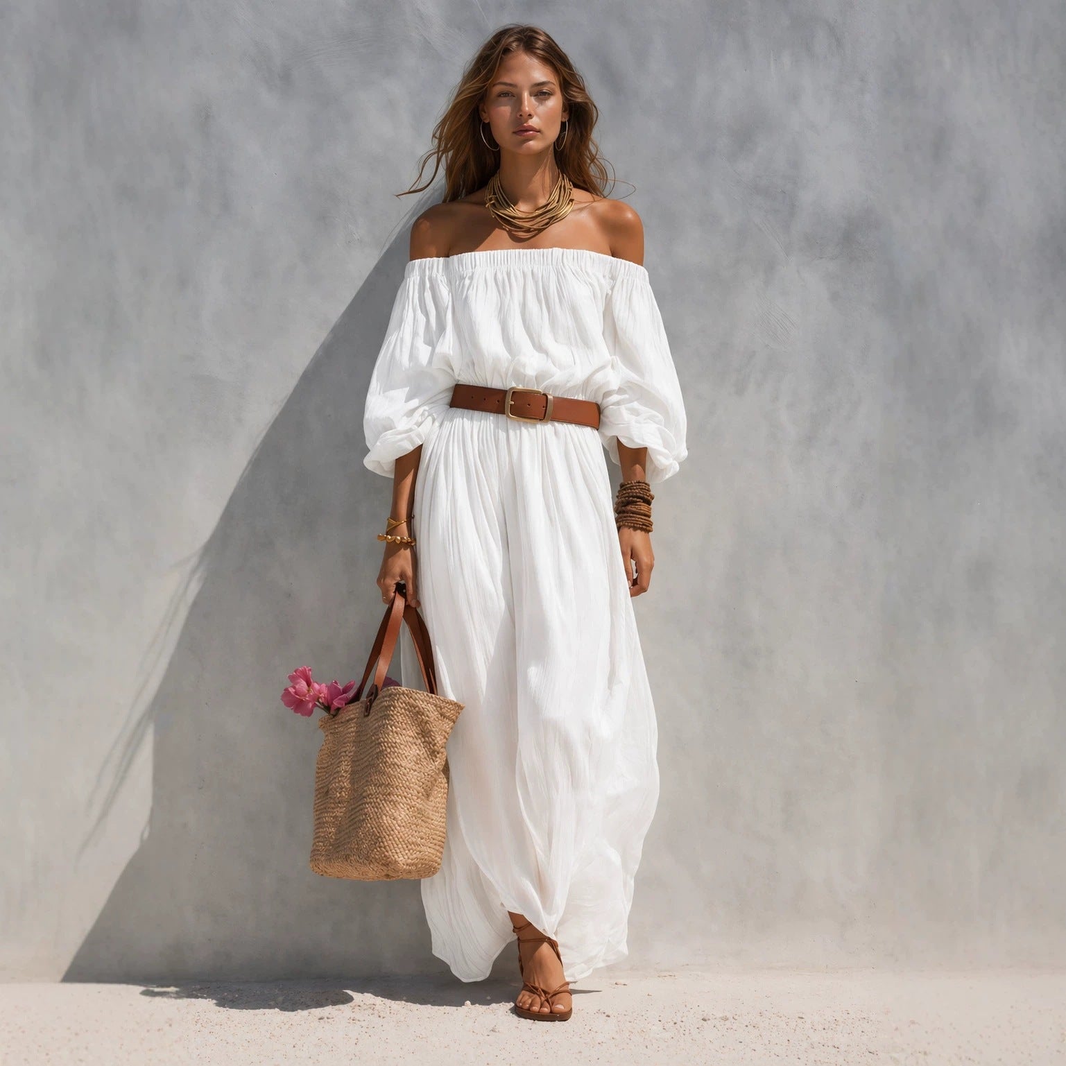 Womens Boat-Neck Sleeveless Casual Cotton-Linen Maxi Dress 