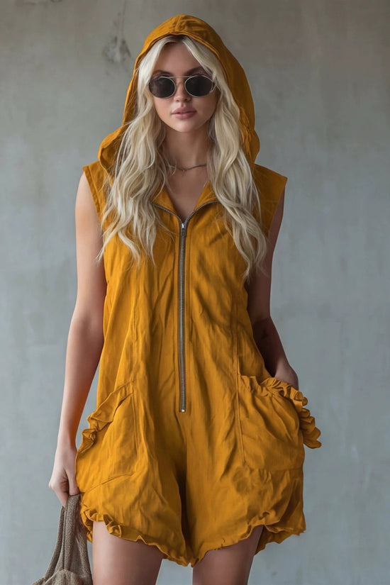 Retro-style Hooded Zip-up Sleeveless Cropped Cotton-linen Jumpsuit 