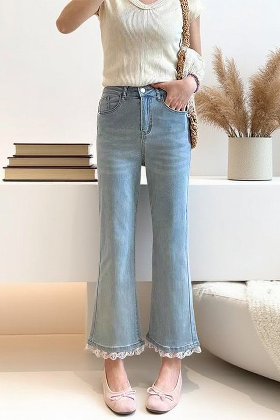 Light Blue Micro-Flare Lace Stretch Jeans for Women CJ US