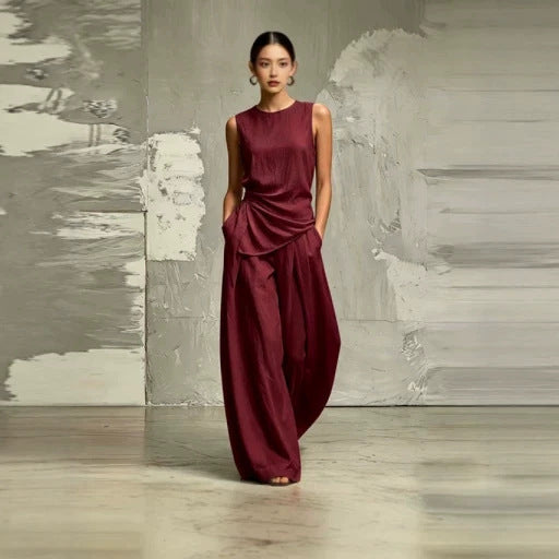 Womens Round-Neck Loose Sleeveless Top And High-Waist Pants Two-Piece Set 