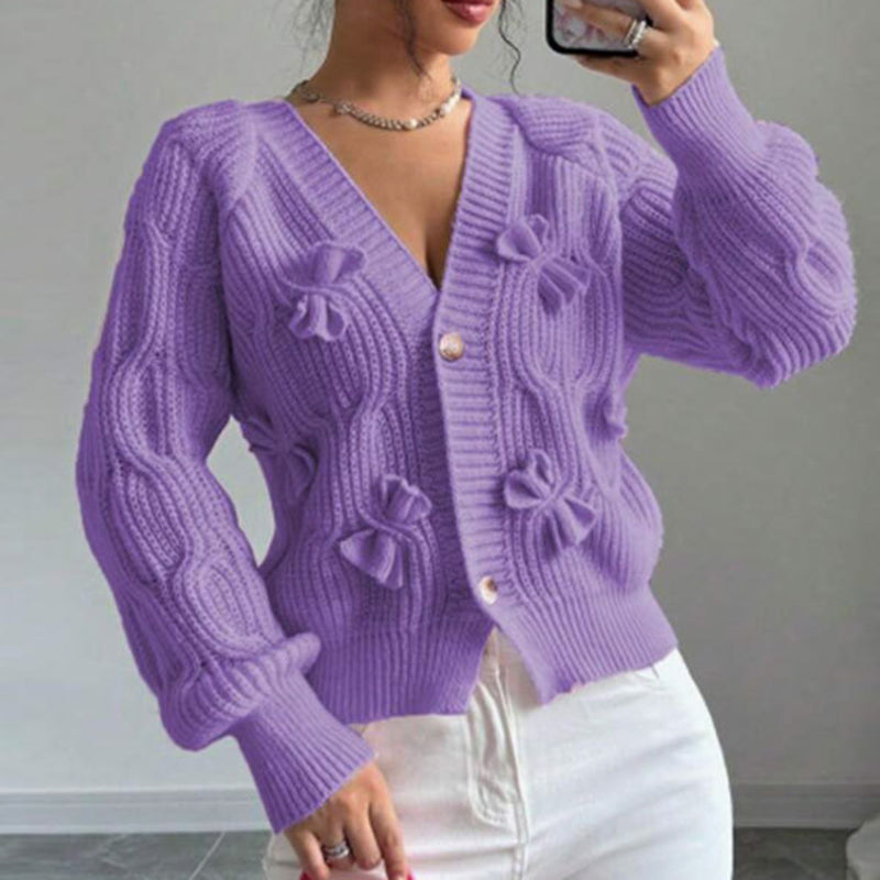 Women's Bow Cropped Cardigan - Long Sleeve V-Neck Button Down Knit Sweater Top 