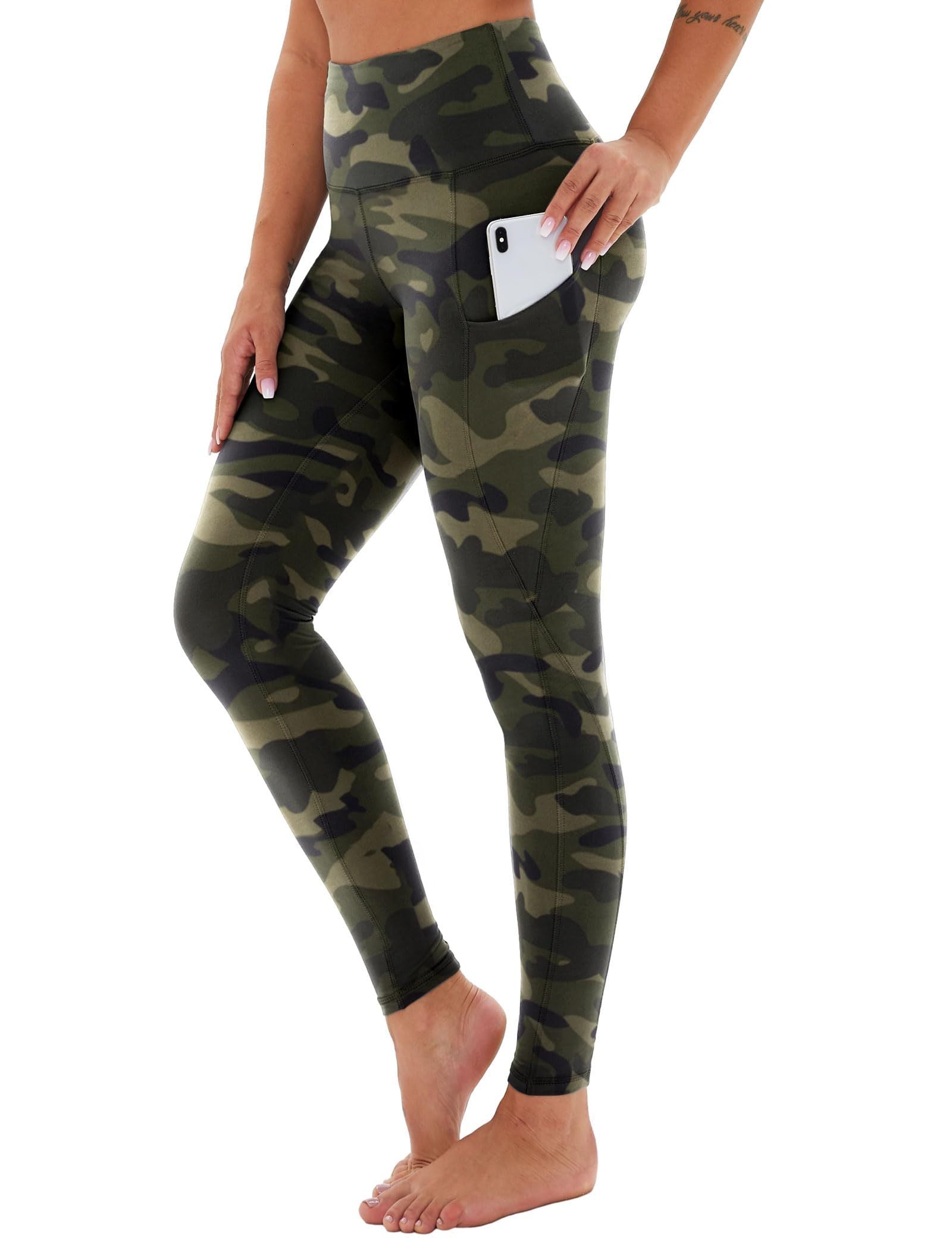 Yoga Pants - Cropped High-waisted Slanted Pockets Polyester Double Grinding Army Green Camouflage CJ US