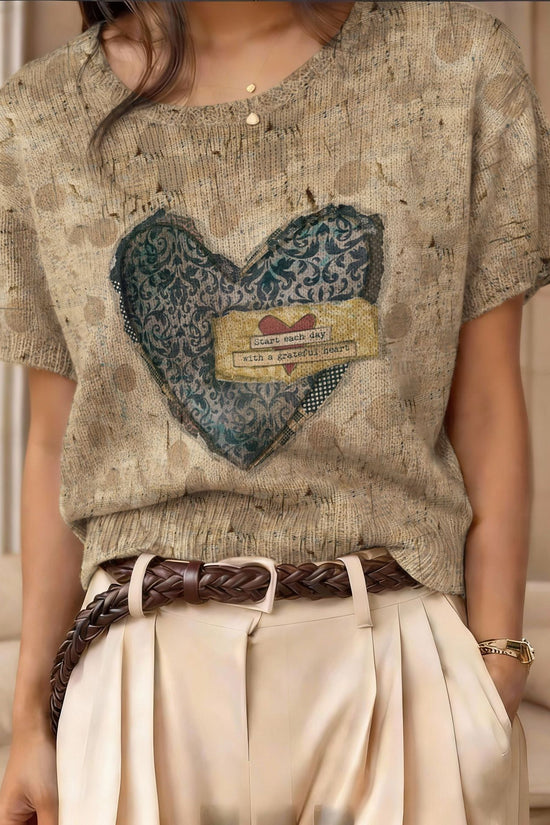 Retro Short-Sleeve Sweater Contrast-Color Jacquard Knit Top 