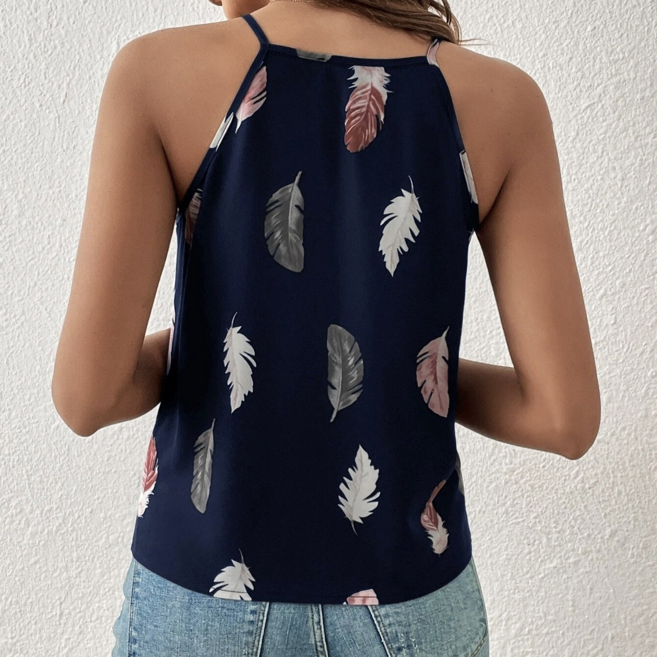 Women’s Feather Print Notch V-Neck Camisole Vest CJ US