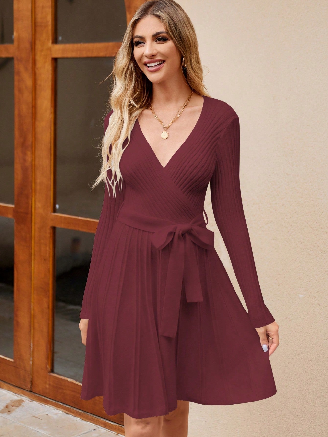 Women's Wrap A-Line Knit Dress Long Sleeve CJ US