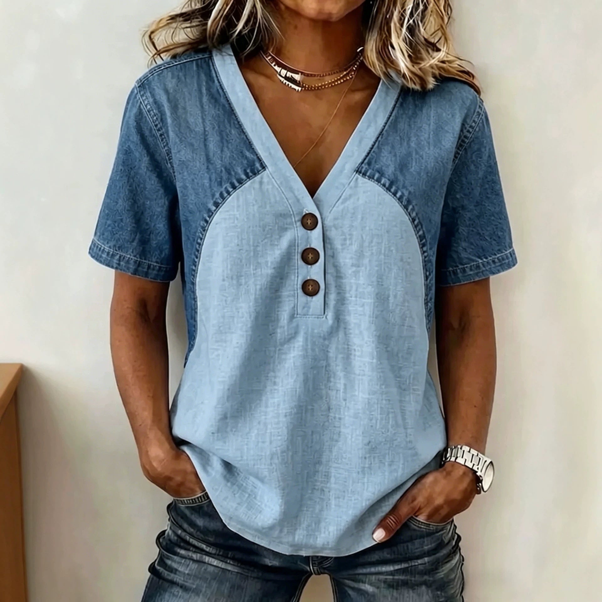 Fashionable Trendy Womens Loose Denim Patchwork T-Shirt 