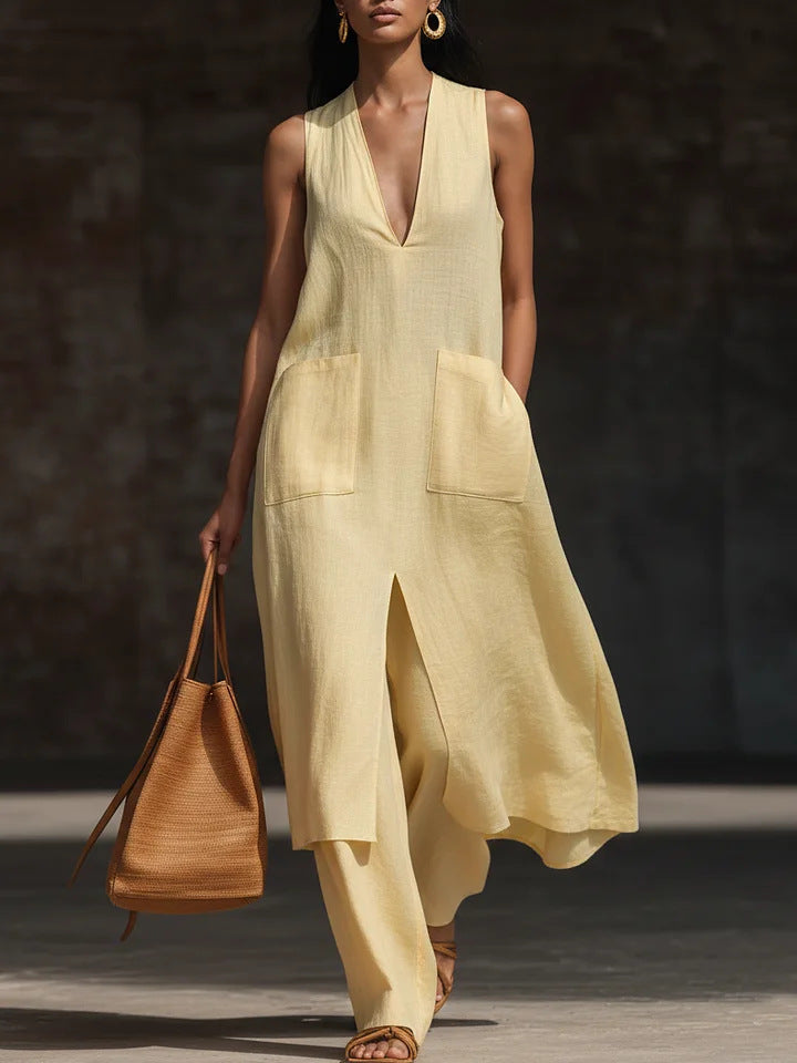 Casual New Style V-Neck Sleeveless Dress Set 