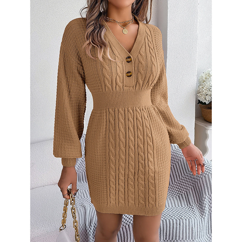 Women's Cable Knit Sweater Dress - V-Neck Button Front Lantern Sleeve Bodycon Mini Dress With Elastic Waist For Fall CJ US