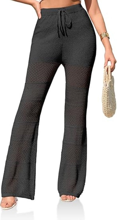 Saodimallsu Womens Beach Cover Up Pants Boho Crochet Knit High Waist Drawstring Sheer Hollow Swim Pant Swimwear CJ US